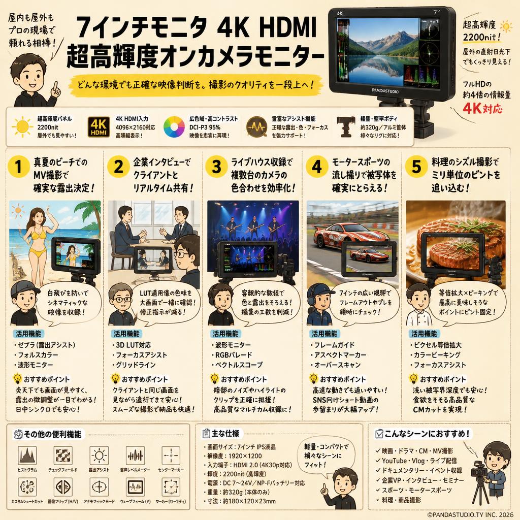 7インチモニタ 4K HDMI超高輝度オンカメラモニター 用途