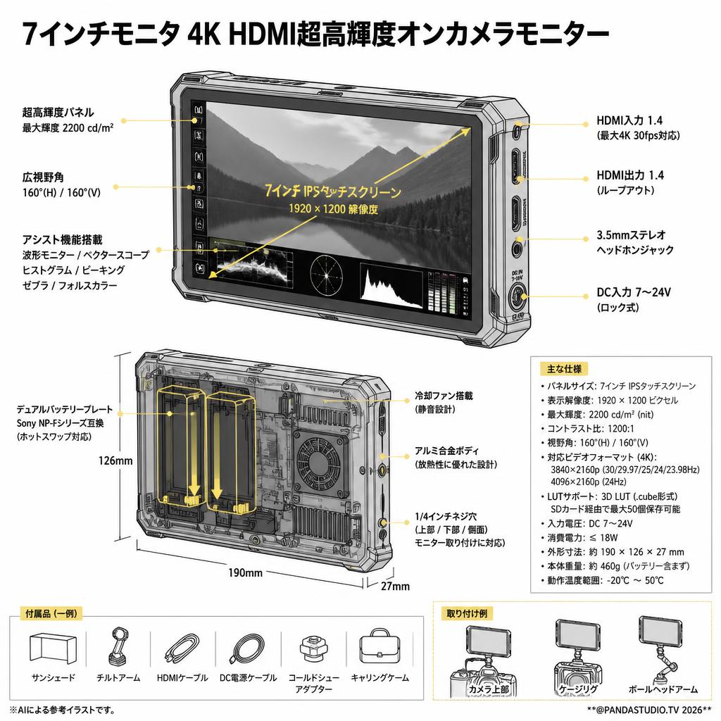 7インチモニタ 4K HDMI超高輝度オンカメラモニター スペック