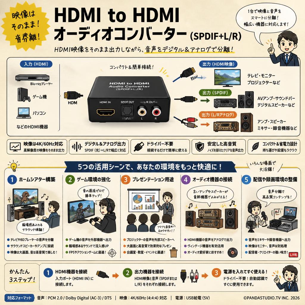HDMI to HDMI Audio converter (SPDIF+L/R) 用途