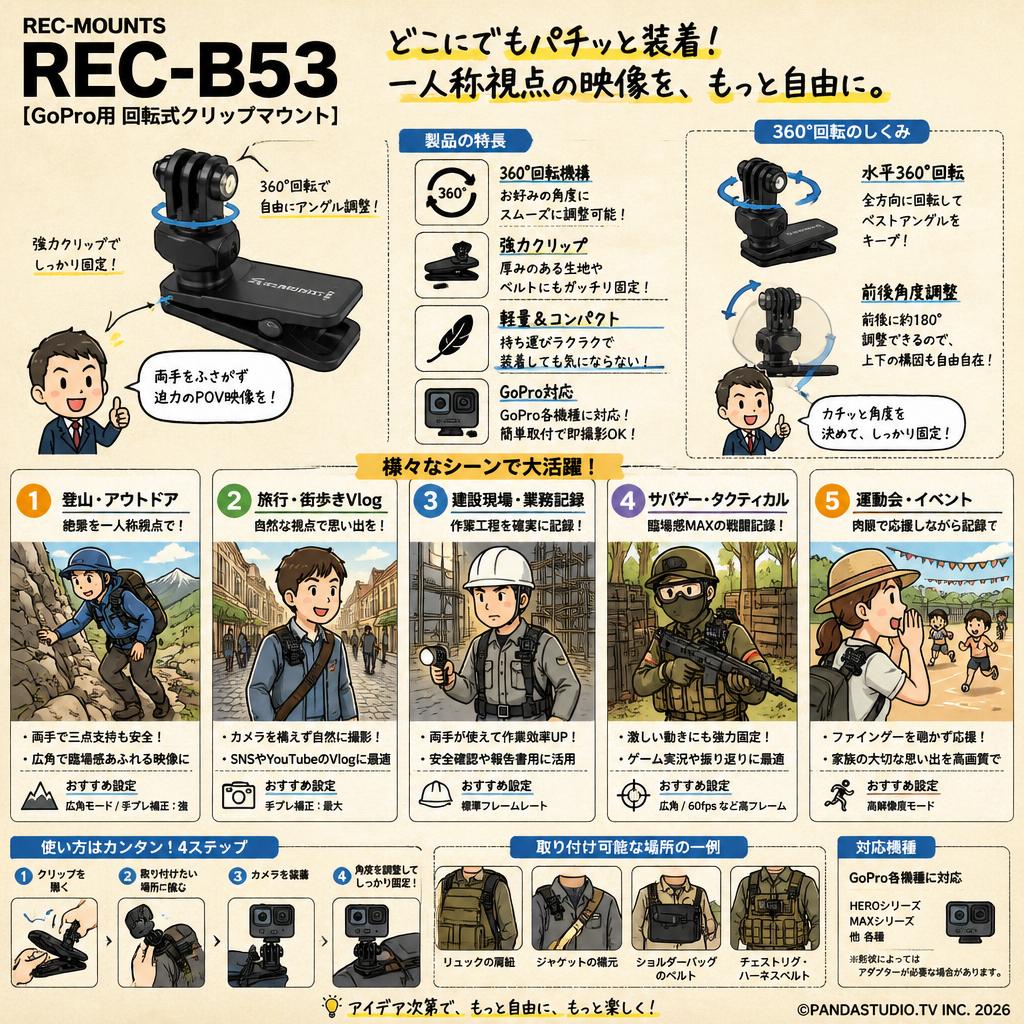 REC-MOUNTS REC-B53 [GoPro用 回転式クリップマウント] 用途
