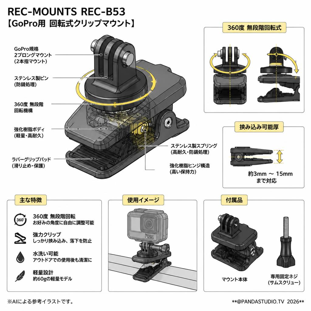 REC-MOUNTS REC-B53 [GoPro用 回転式クリップマウント] スペック