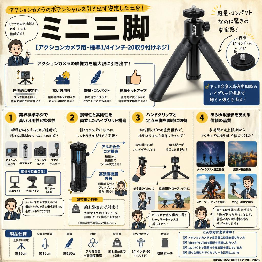 ミニ三脚【アクションカメラ用・標準1/4インチ-20取り付けネジ】 概要