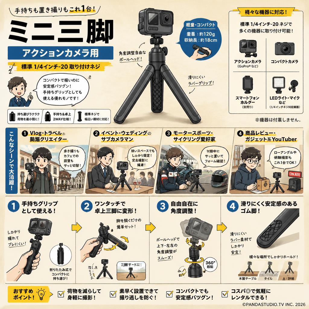 ミニ三脚【アクションカメラ用・標準1/4インチ-20取り付けネジ】 おもな対象のお客様
