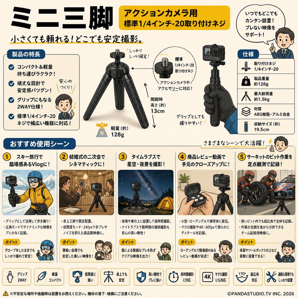 ミニ三脚【アクションカメラ用・標準1/4インチ-20取り付けネジ】 用途