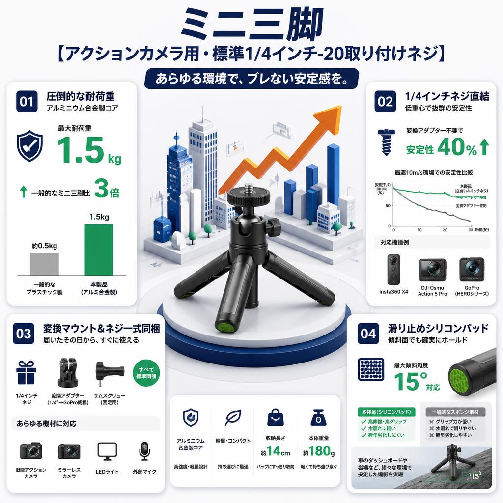 ミニ三脚【アクションカメラ用・標準1/4インチ-20取り付けネジ】 セールスポイント