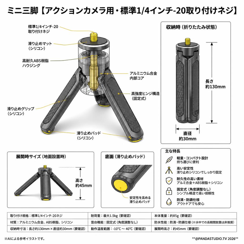 ミニ三脚【アクションカメラ用・標準1/4インチ-20取り付けネジ】 スペック