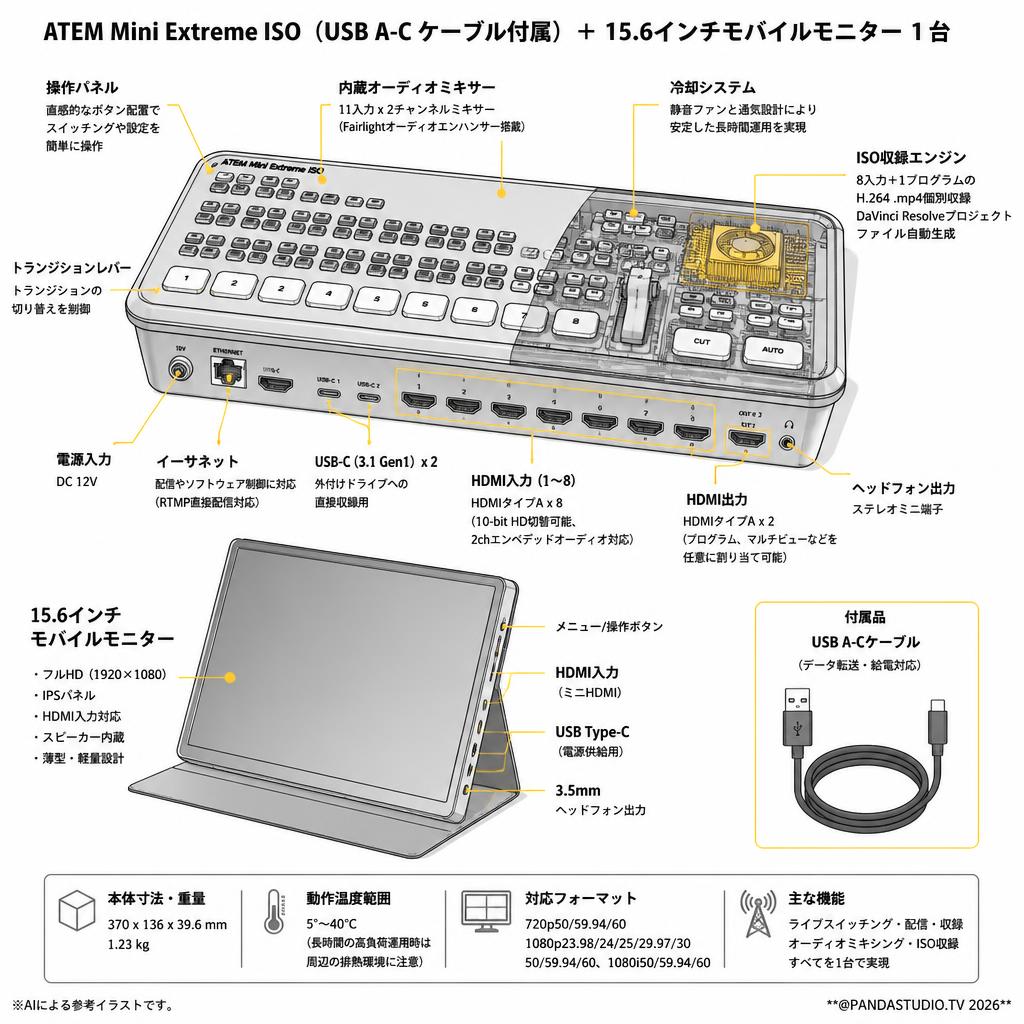 ATEM Mini Extreme ISO（USB A-C ケーブル付属） ＋ 15.6インチモバイルモニター 1台 スペック