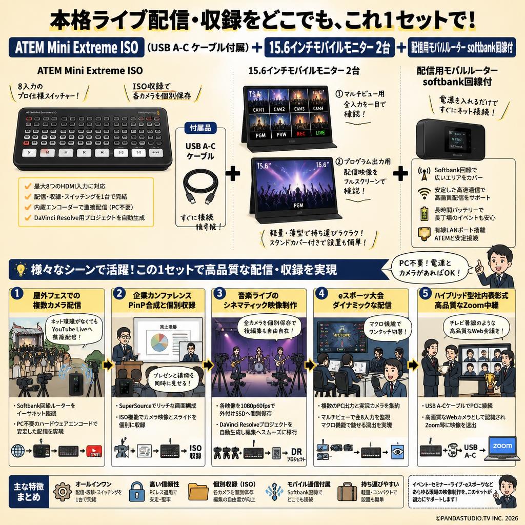 ATEM Mini Extreme ISO （USB A-C ケーブル付属）＋ 15.6インチモバイルモニター 2台 ＋ 配信用モバルルーター softbank回線付 用途