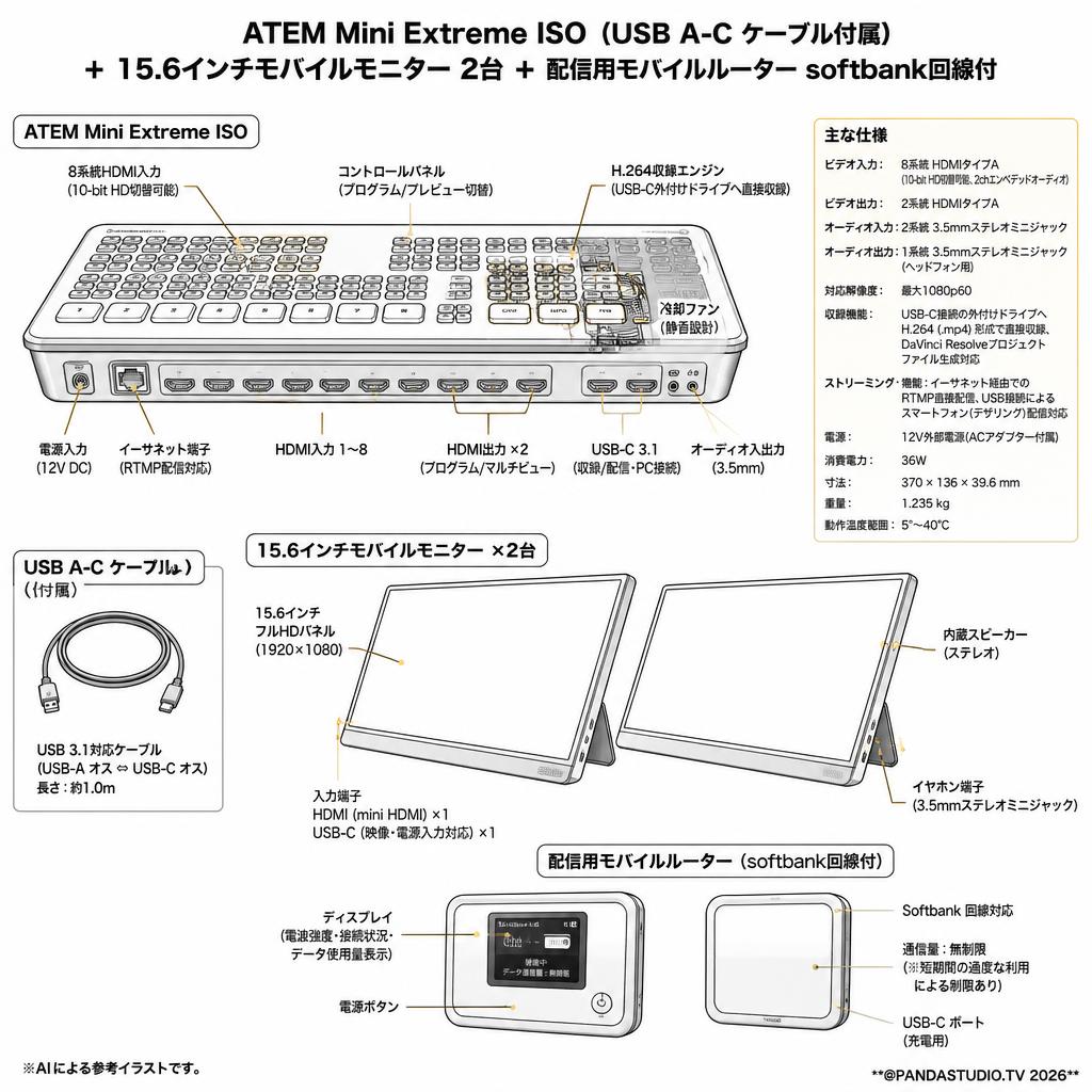 ATEM Mini Extreme ISO （USB A-C ケーブル付属）＋ 15.6インチモバイルモニター 2台 ＋ 配信用モバルルーター softbank回線付 スペック