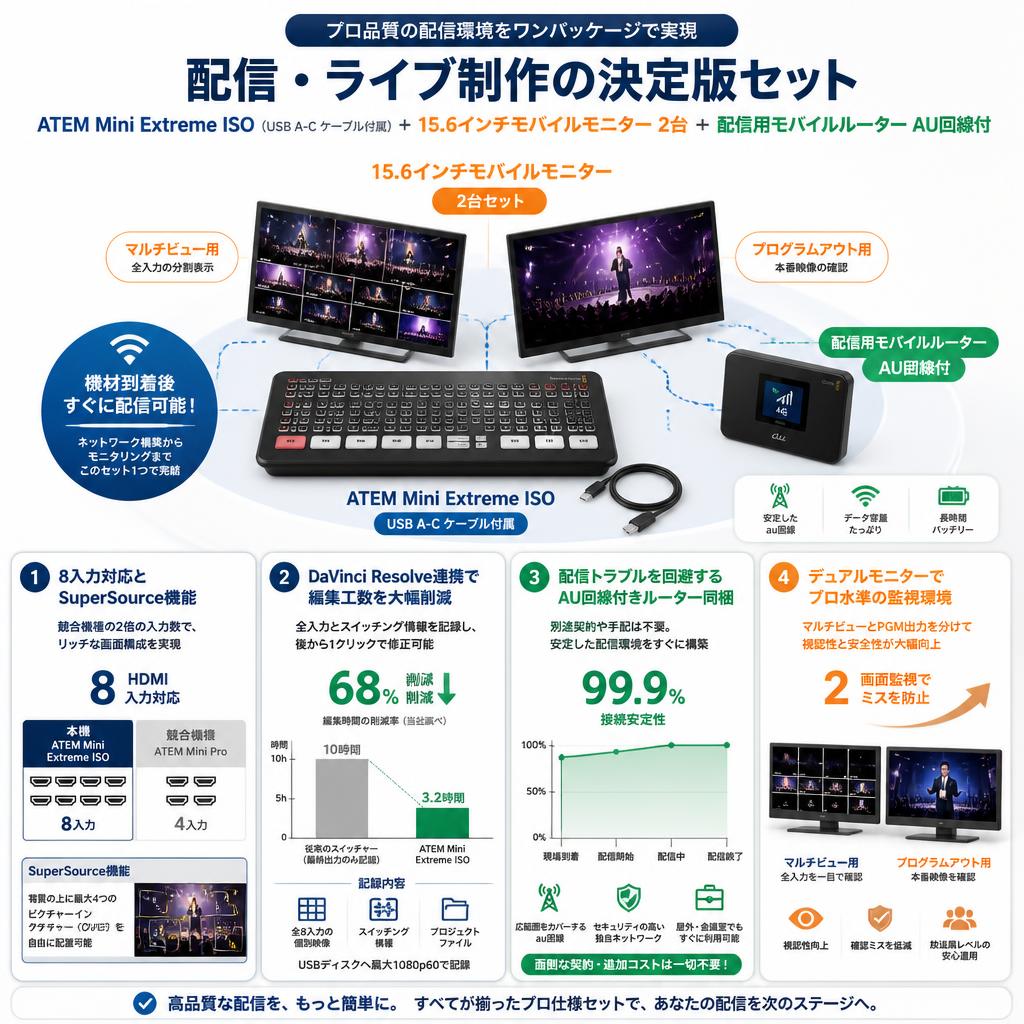 ATEM Mini Extreme ISO （USB A-C ケーブル付属）＋ 15.6インチモバイルモニター 2台 ＋ 配信用モバルルーター AU回線付 セールスポイント