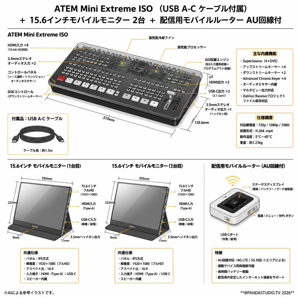 ATEM Mini Extreme ISO （USB A-C ケーブル付属）＋ 15.6インチモバイルモニター 2台 ＋ 配信用モバルルーター AU回線付 スペック