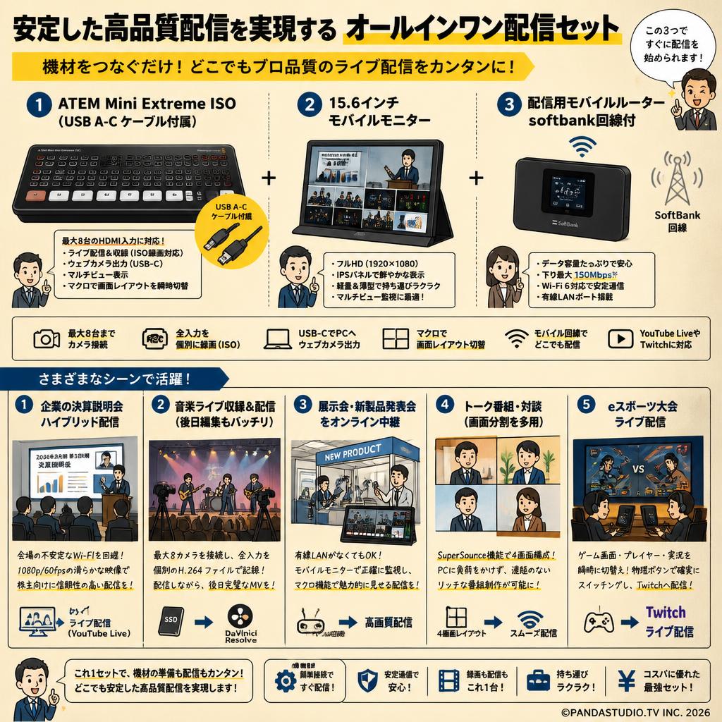 ATEM Mini Extreme ISO （USB A-C ケーブル付属）＋ 15.6インチモバイルモニター ＋ 配信用モバルルーター softbank回線付 用途