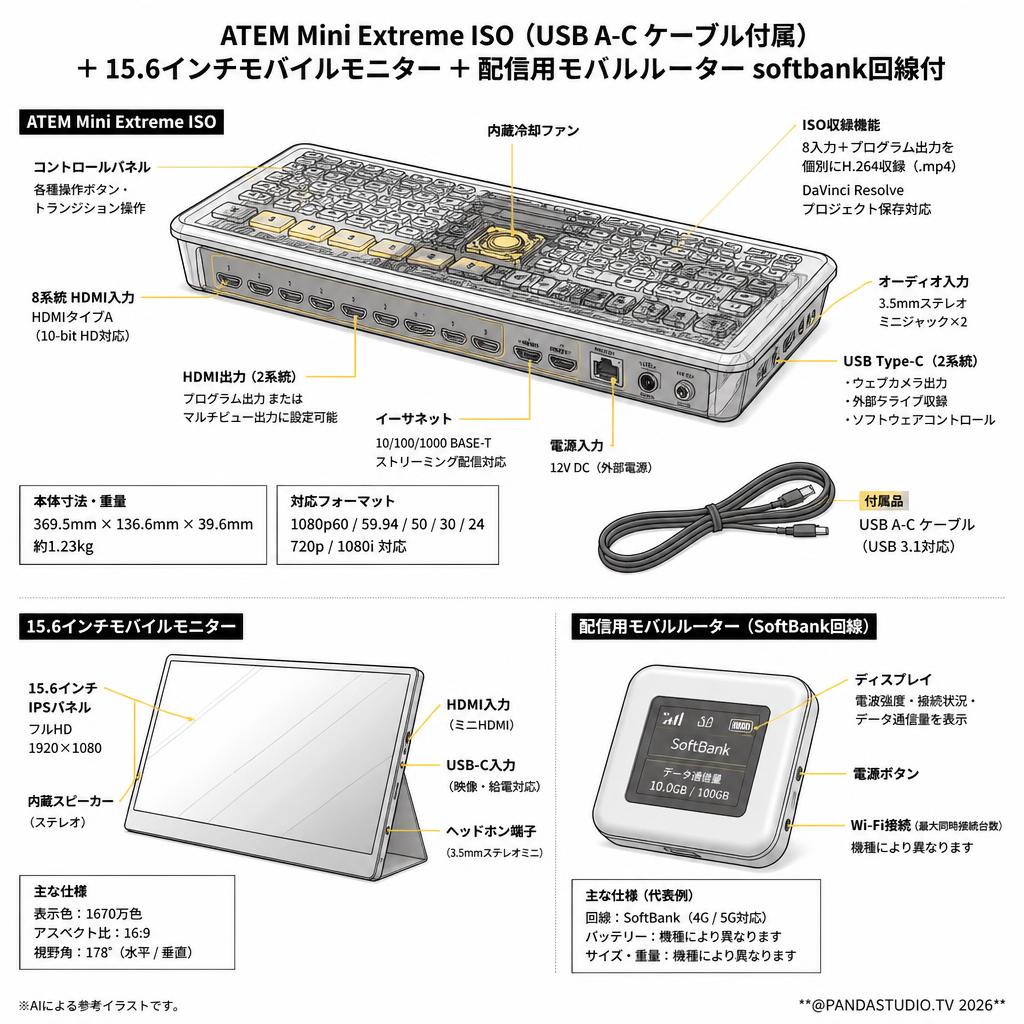ATEM Mini Extreme ISO （USB A-C ケーブル付属）＋ 15.6インチモバイルモニター ＋ 配信用モバルルーター softbank回線付 スペック