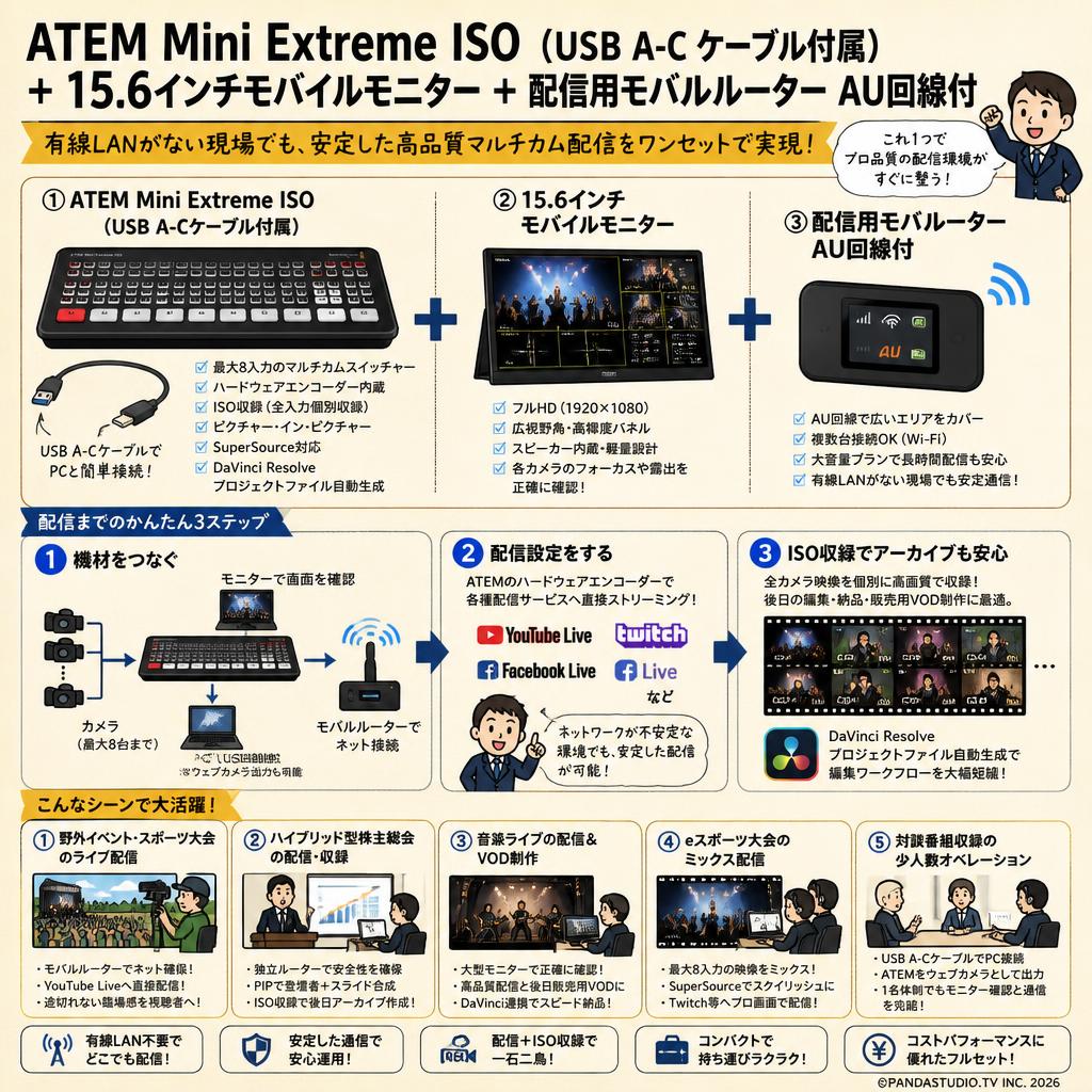 ATEM Mini Extreme ISO （USB A-C ケーブル付属）＋ 15.6インチモバイルモニター ＋ 配信用モバルルーター AU回線付 用途
