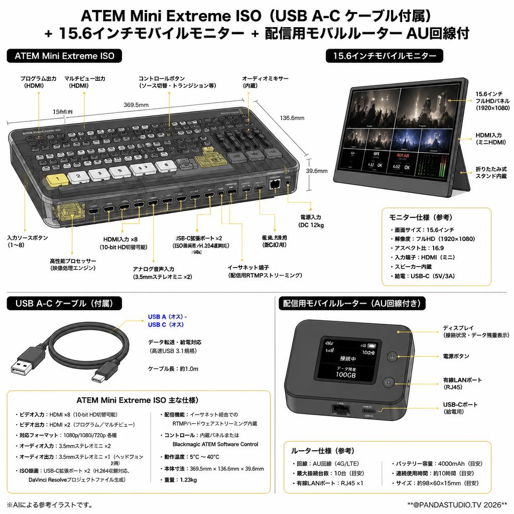 ATEM Mini Extreme ISO （USB A-C ケーブル付属）＋ 15.6インチモバイルモニター ＋ 配信用モバルルーター AU回線付 スペック