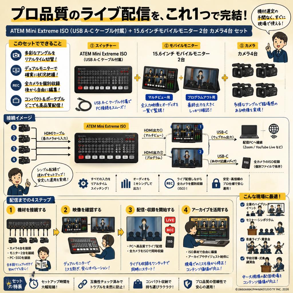 ATEM Mini Extreme ISO （USB A-C ケーブル付属）＋ 15.6インチモバイルモニター 2台 カメラ4台 セット 概要