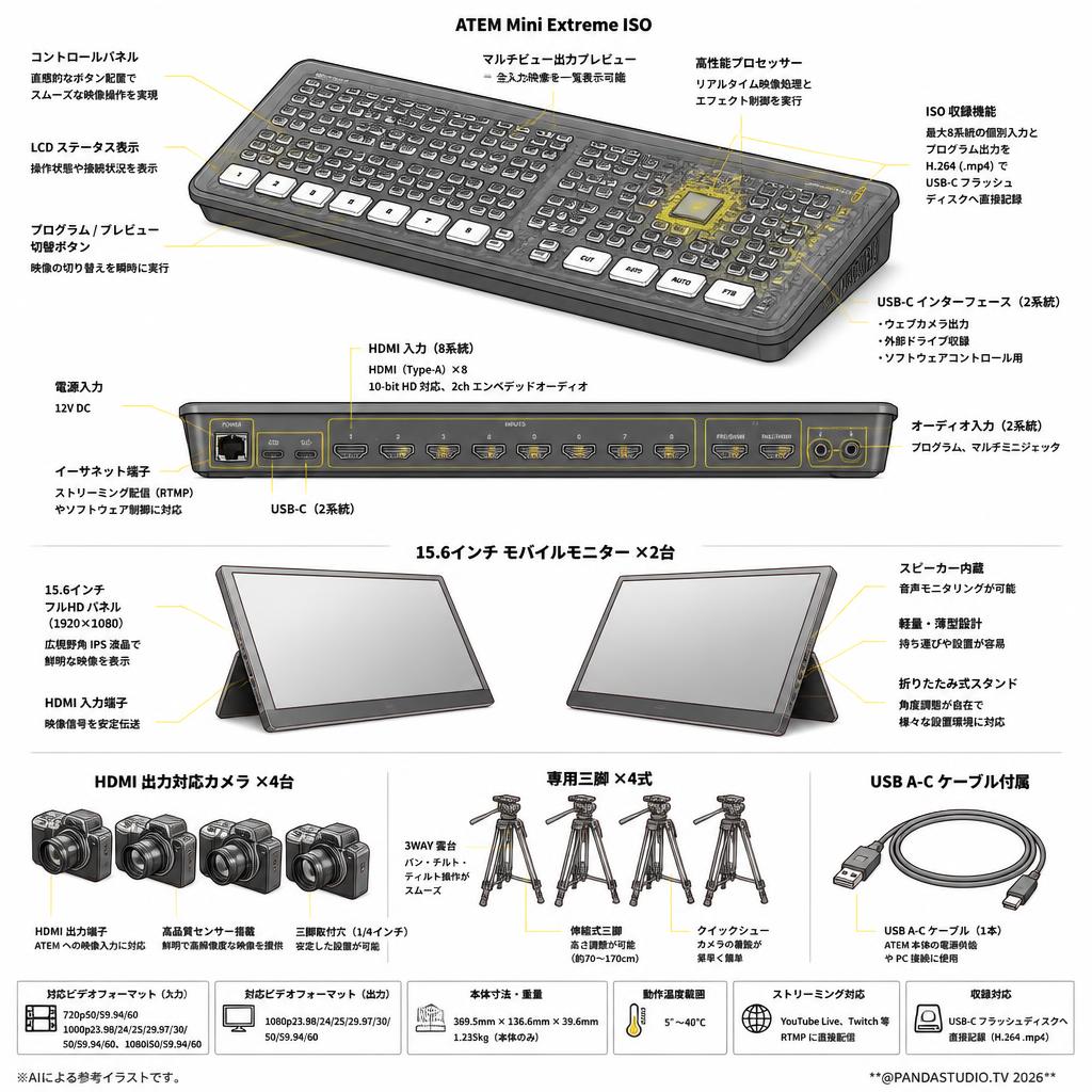 ATEM Mini Extreme ISO（USB A-C ケーブル付属） ＋ 15.6インチモバイルモニター 2台 カメラ 三脚 4式セット スペック