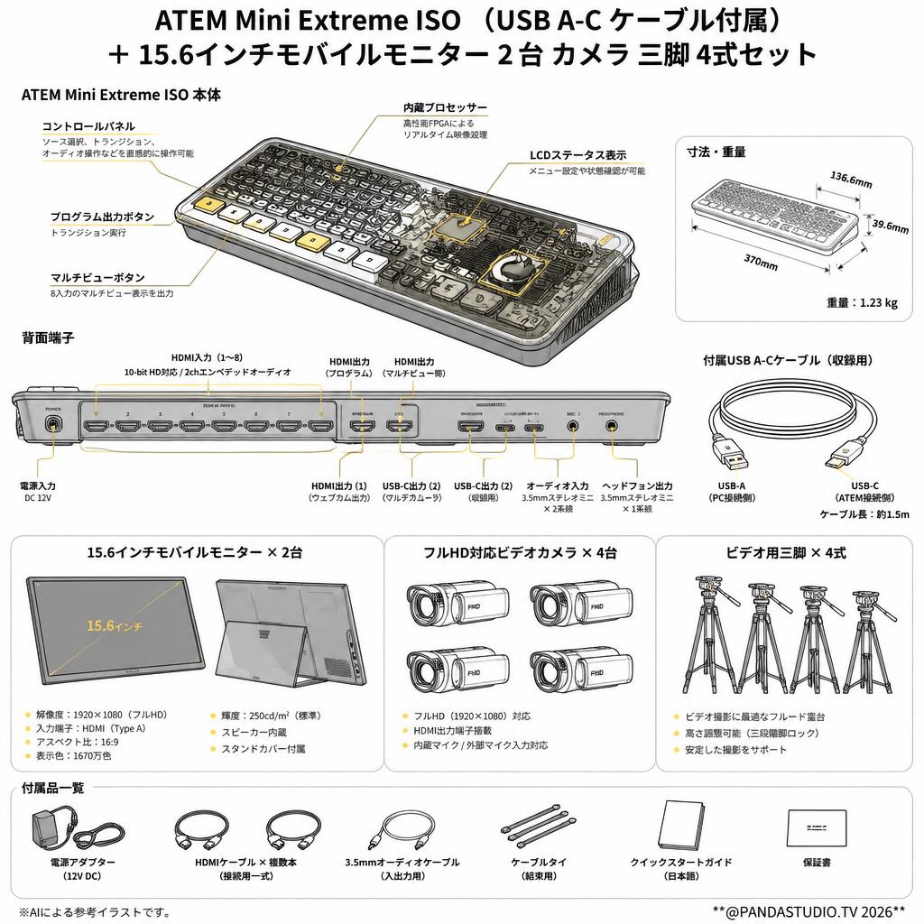 ATEM Mini Extreme ISO （USB A-C ケーブル付属）＋ 15.6インチモバイルモニター 2台 カメラ 三脚 4式セット スペック