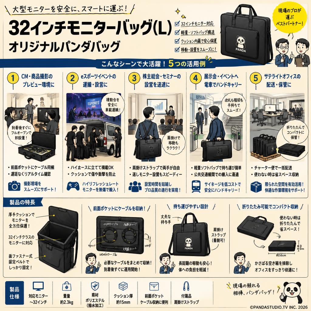 32インチモニターバッグ(L)・オリジナルパンダバック 用途