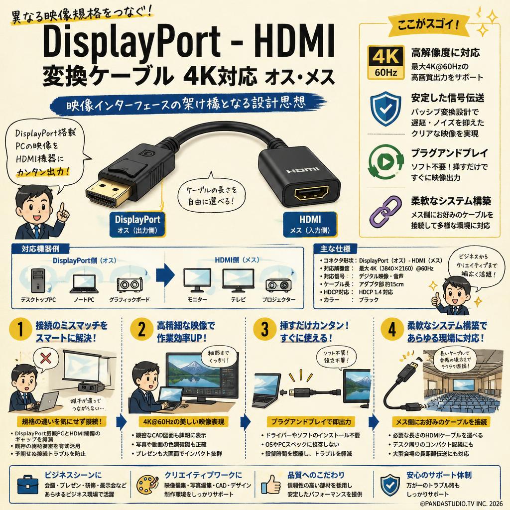 DisplayPort - HDMI 変換ケーブル 4K対応 オス・メス 概要