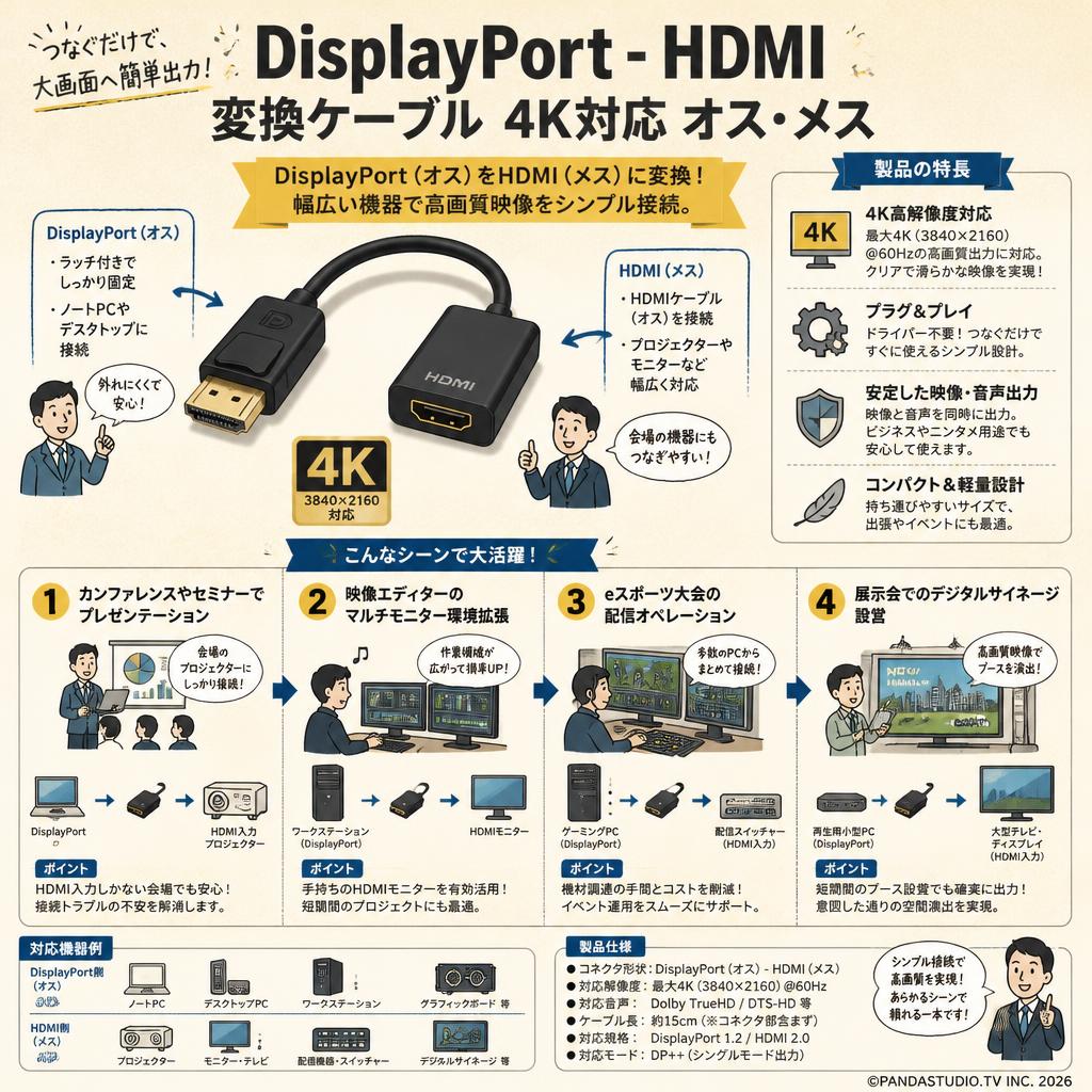 DisplayPort - HDMI 変換ケーブル 4K対応 オス・メス おもな対象のお客様