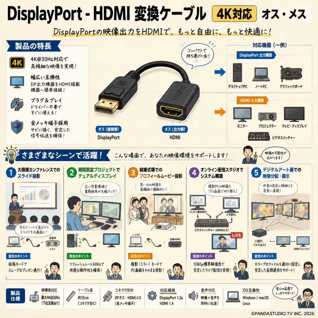DisplayPort - HDMI 変換ケーブル 4K対応 オス・メス 用途