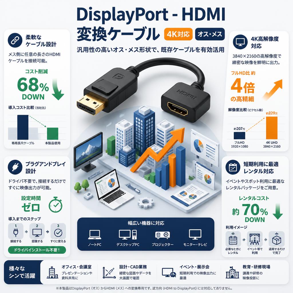 DisplayPort - HDMI 変換ケーブル 4K対応 オス・メス セールスポイント