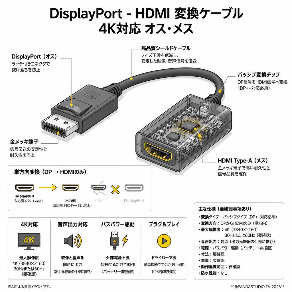 DisplayPort - HDMI 変換ケーブル 4K対応 オス・メス スペック