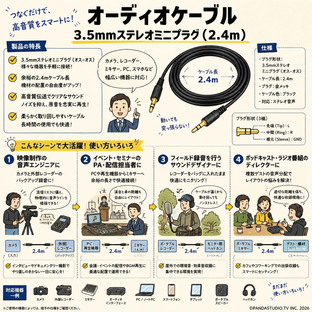 オーディオケーブル3.5mmステレオミニプラグ (2.4m) おもな対象のお客様