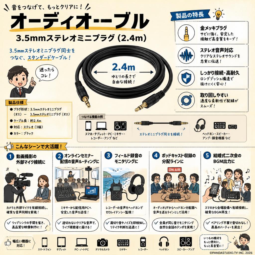 オーディオケーブル3.5mmステレオミニプラグ (2.4m) 用途
