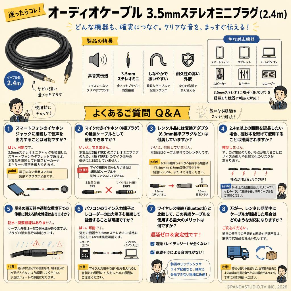 オーディオケーブル3.5mmステレオミニプラグ (2.4m) FAQ（よくある質問と答え）