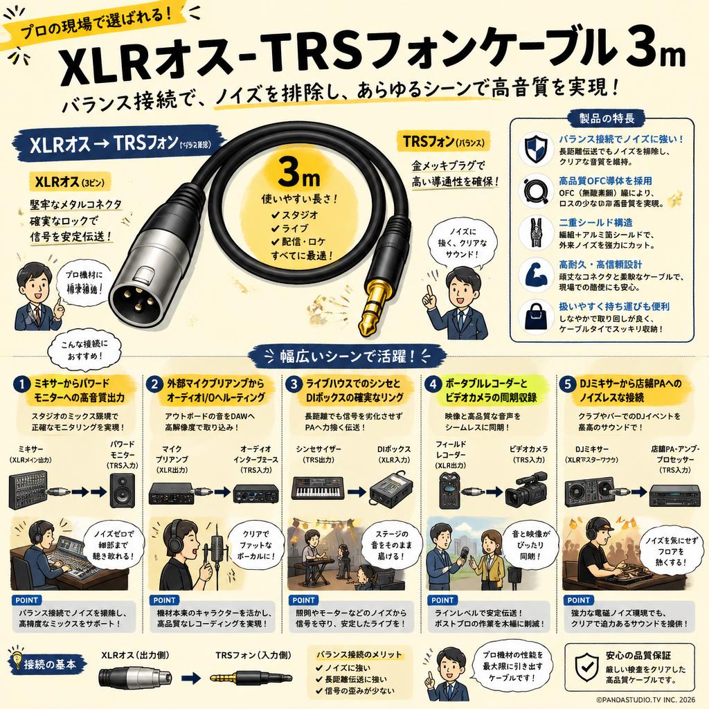 XLRオス-TRSフォンケーブル 3ｍ 用途
