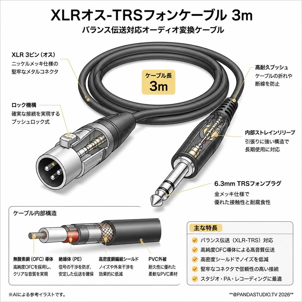 XLRオス-TRSフォンケーブル 3ｍ スペック