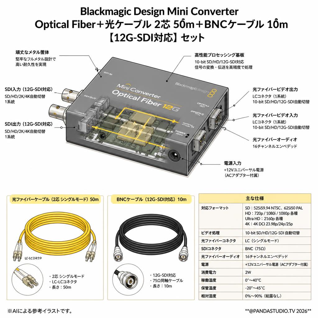 Blackmagic Design Mini Converter Optical Fiber＋光ケーブル 2芯 50m＋BNCケーブル10m 【12G-SDI対応】セット スペック