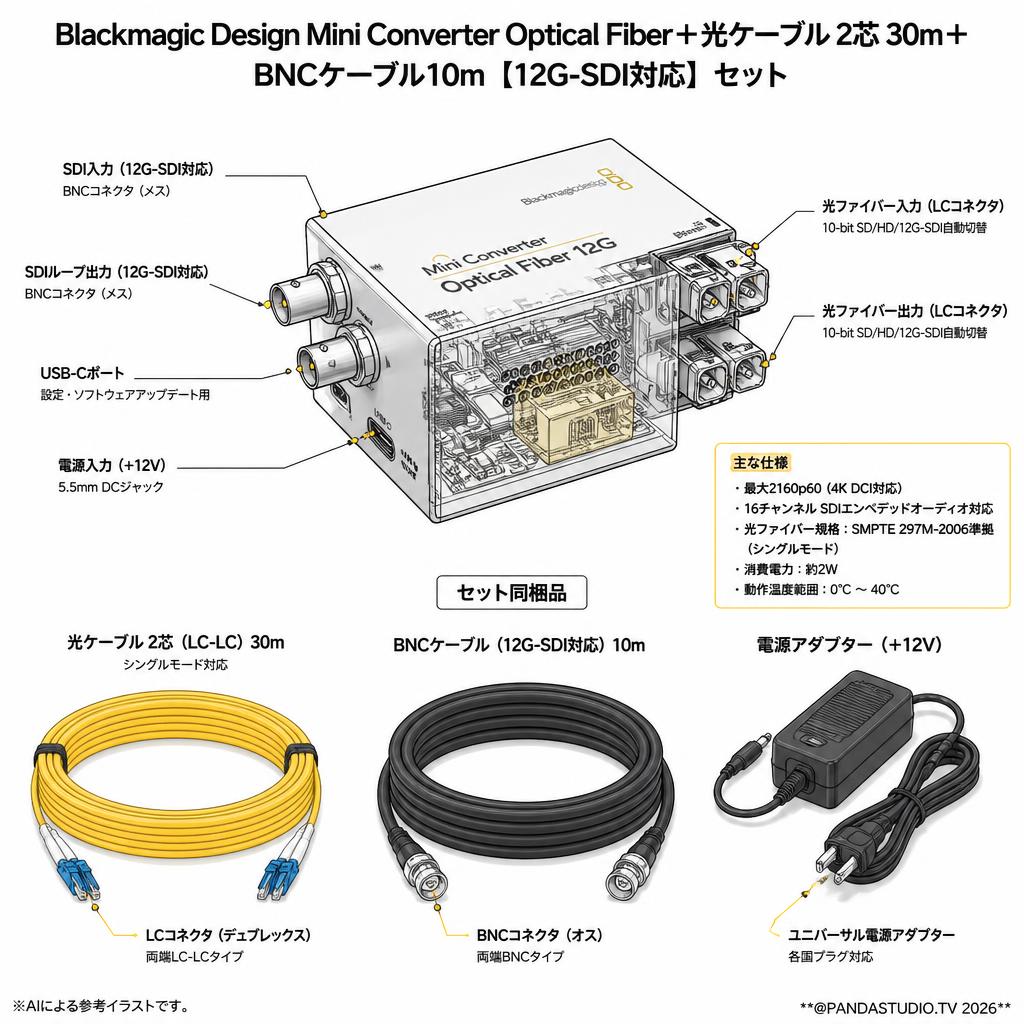 Blackmagic Design Mini Converter Optical Fiber＋光ケーブル 2芯 30m＋BNCケーブル10m 【12G-SDI対応】セット スペック