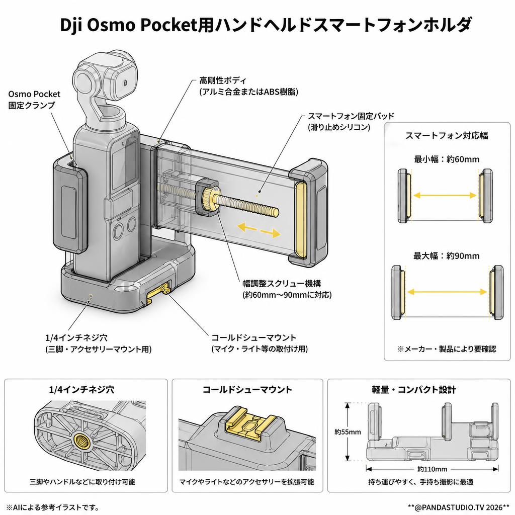 Dji Osmo Pocket用ハンドヘルドスマートフォンホルダ スペック