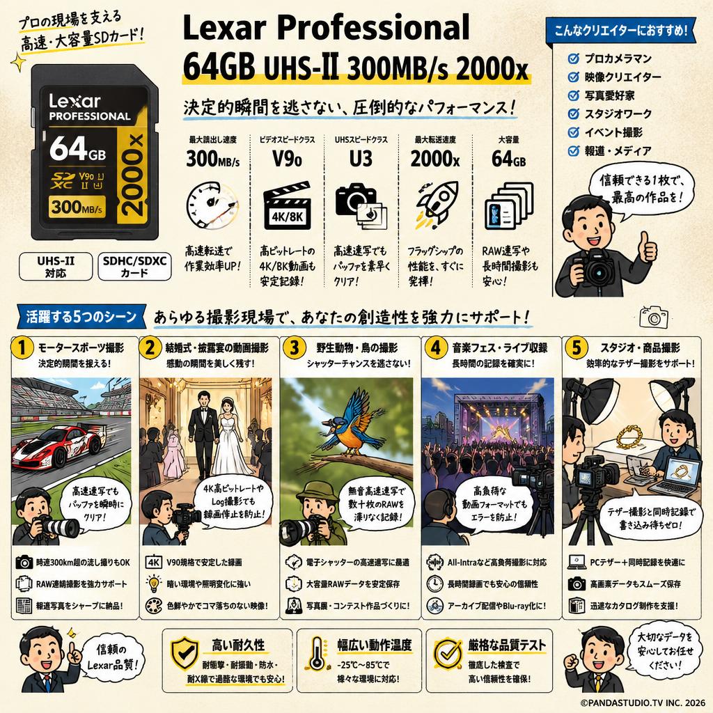 Lexar Professional 64GB UHS-II 300MB/s 2000x SDHC/SDXCカード 用途