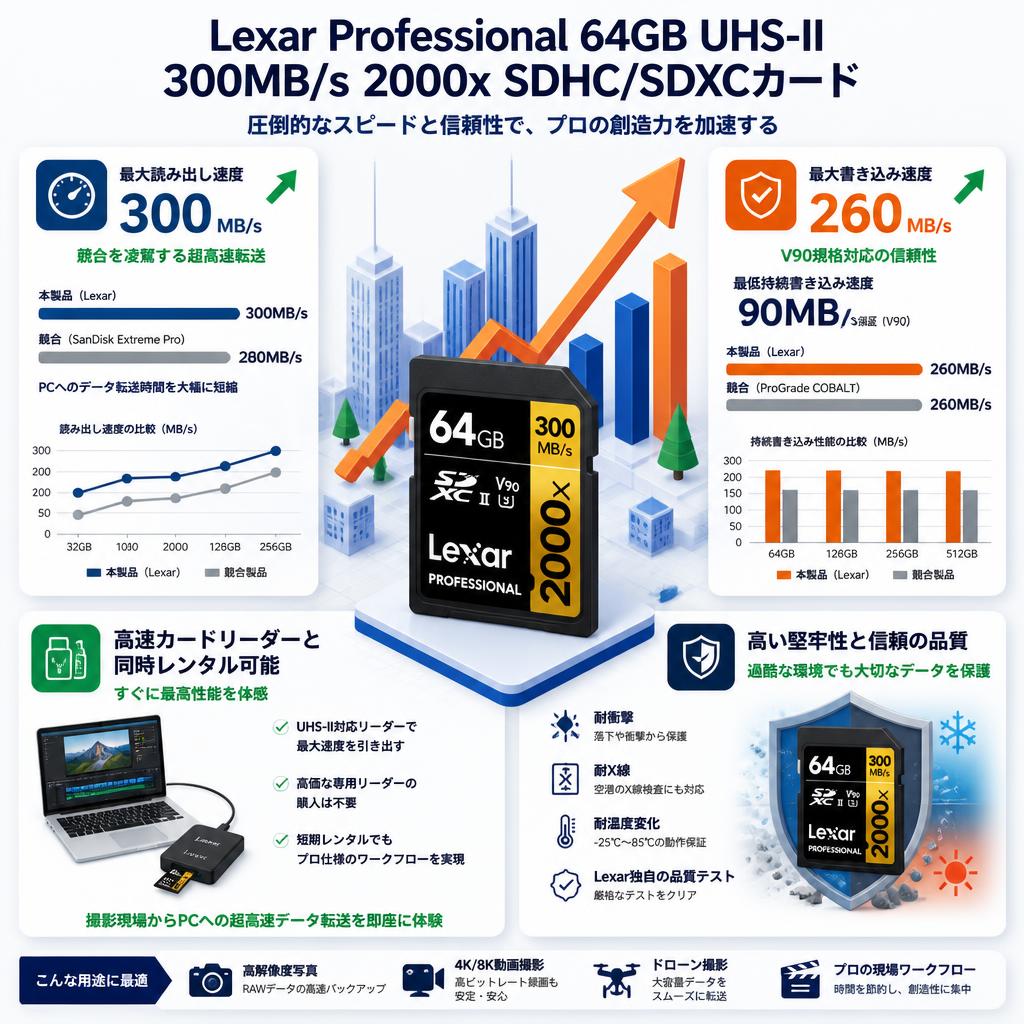Lexar Professional 64GB UHS-II 300MB/s 2000x SDHC/SDXCカード セールスポイント