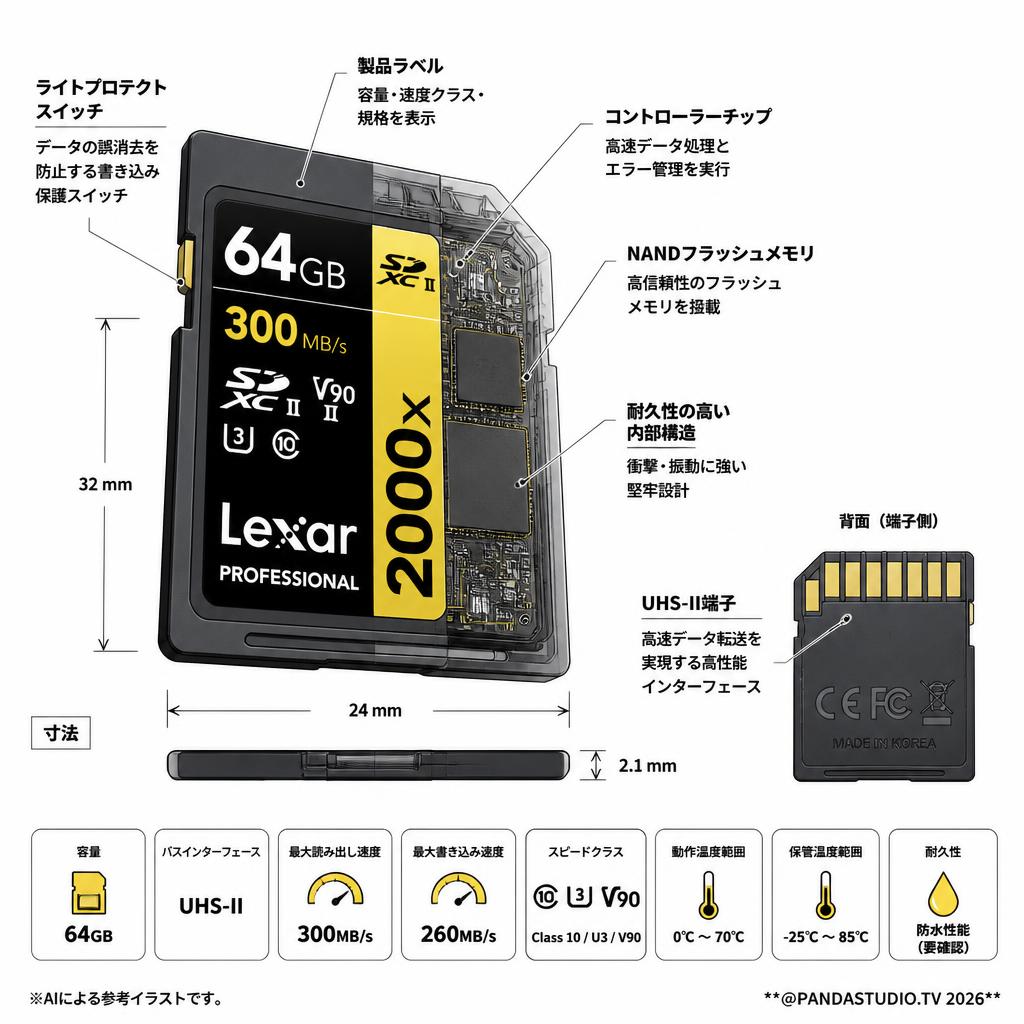 Lexar Professional 64GB UHS-II 300MB/s 2000x SDHC/SDXCカード スペック