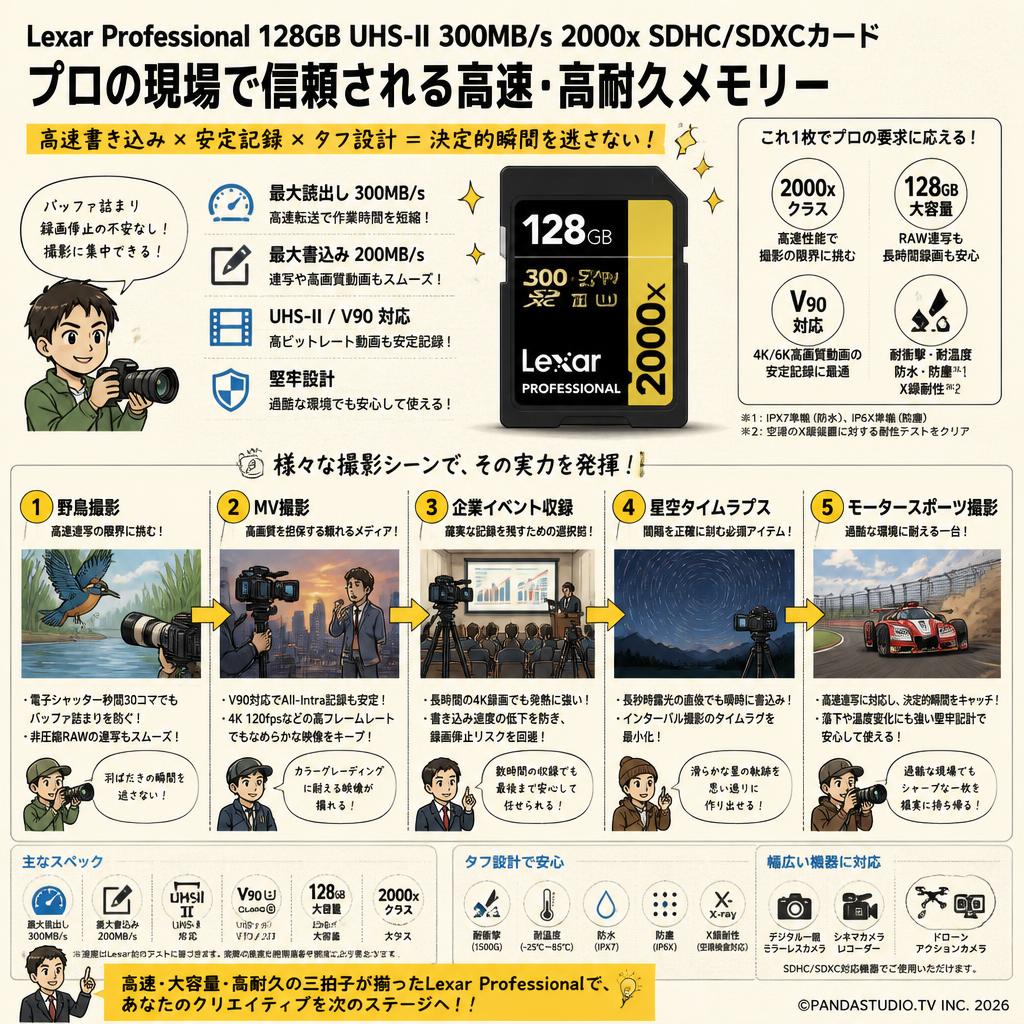 Lexar Professional 128GB  UHS-II 300MB/s 2000x SDHC/SDXCカード 用途