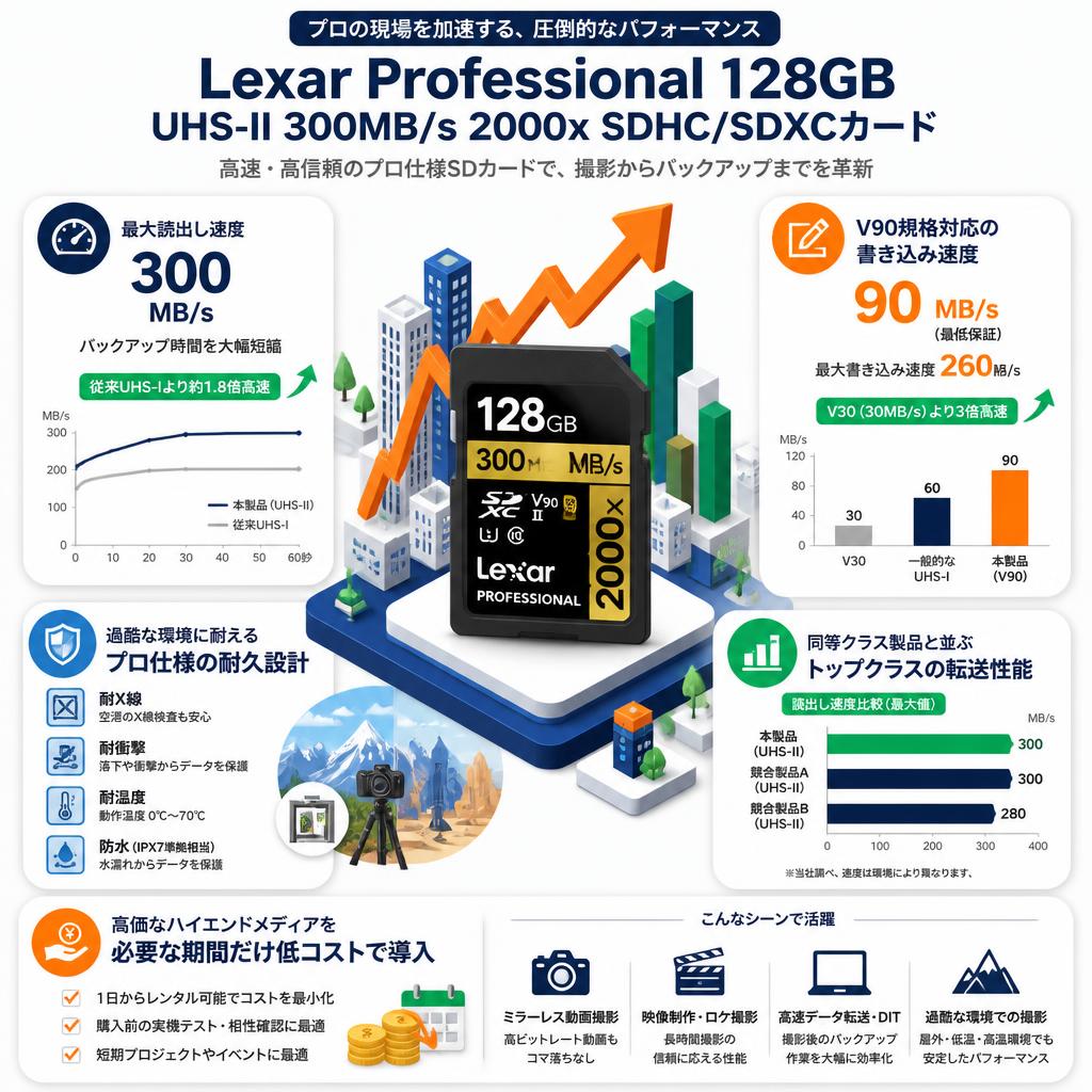Lexar Professional 128GB  UHS-II 300MB/s 2000x SDHC/SDXCカード セールスポイント