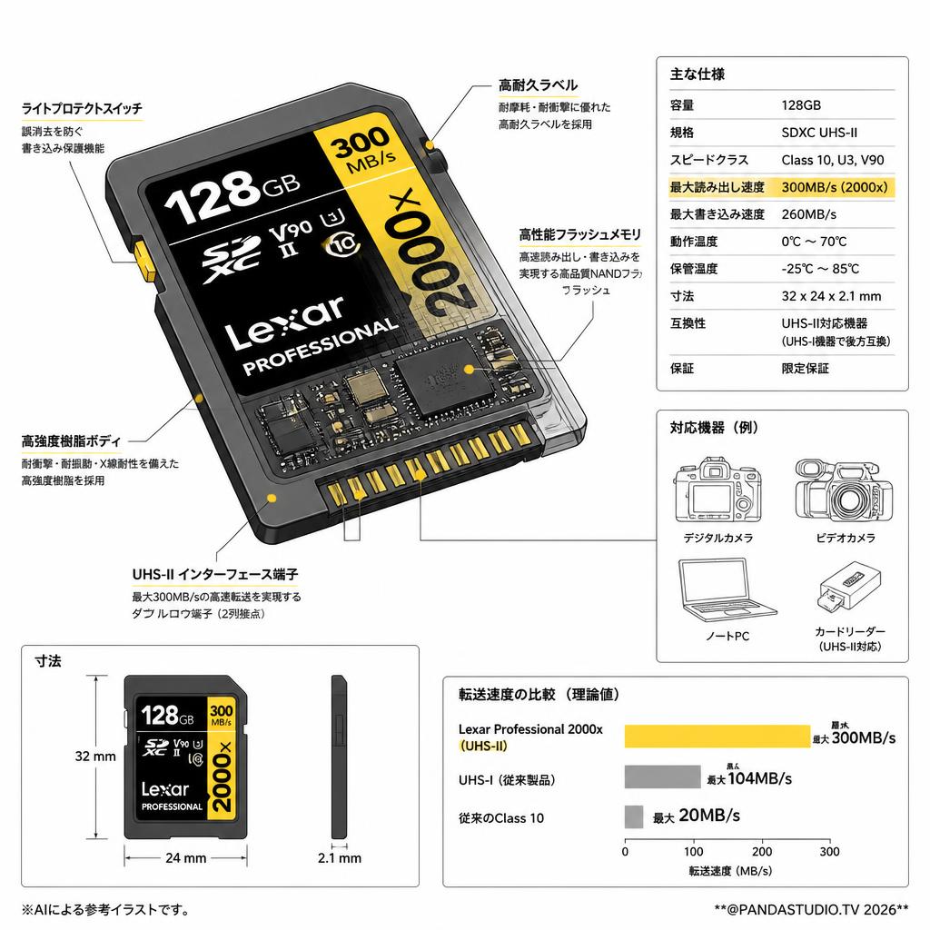 Lexar Professional 128GB  UHS-II 300MB/s 2000x SDHC/SDXCカード スペック