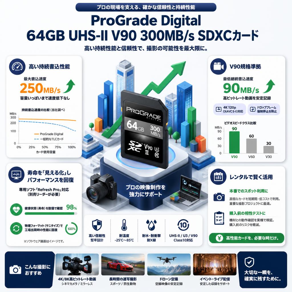 ProGrade Digital 64GB  UHS-II V90 300MB/s SDXCカード セールスポイント
