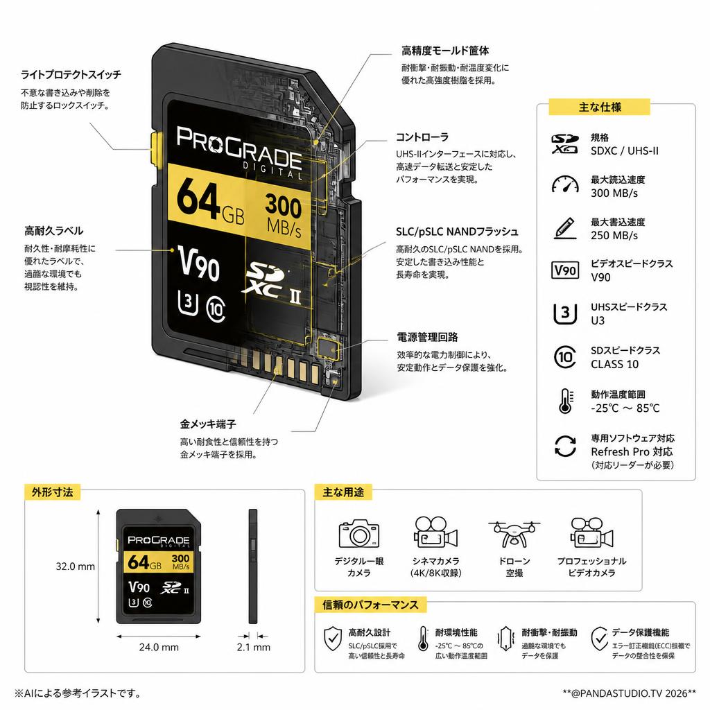 ProGrade Digital 64GB  UHS-II V90 300MB/s SDXCカード スペック