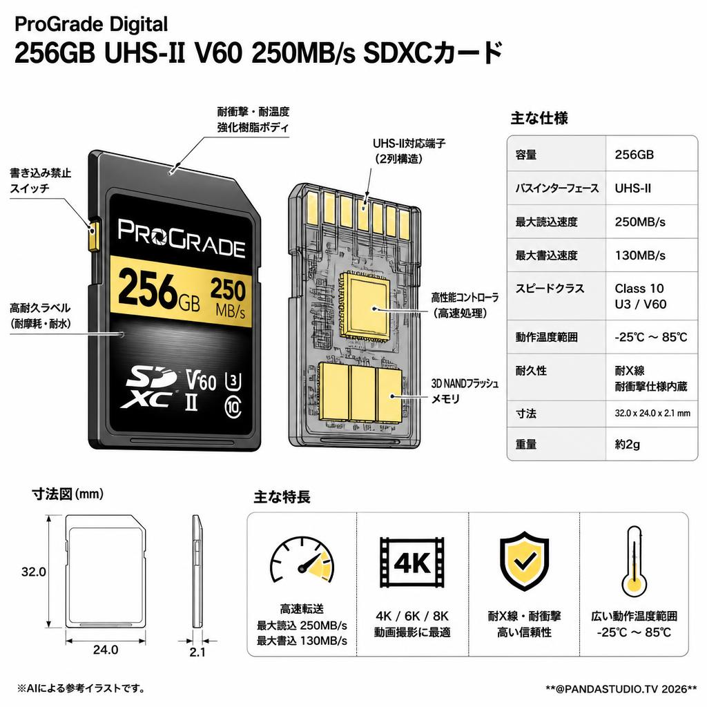 ProGrade Digital 256GB UHS-II V60 250MB/s SDXCカード スペック