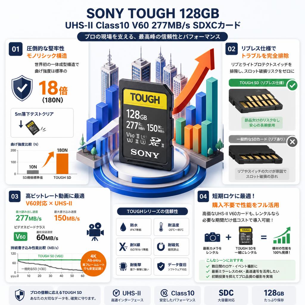 SONY TOUGH 128GB UHS-II Class10 V60 277MB/s SDXCカード セールスポイント