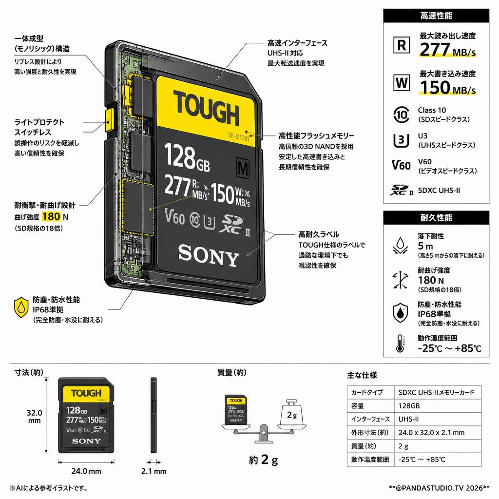 SONY TOUGH 128GB UHS-II Class10 V60 277MB/s SDXCカード スペック