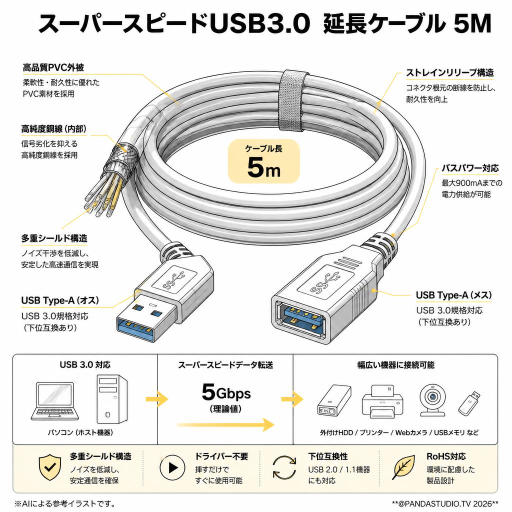 スーパースピードUSB3.0 延長ケーブル 5M スペック
