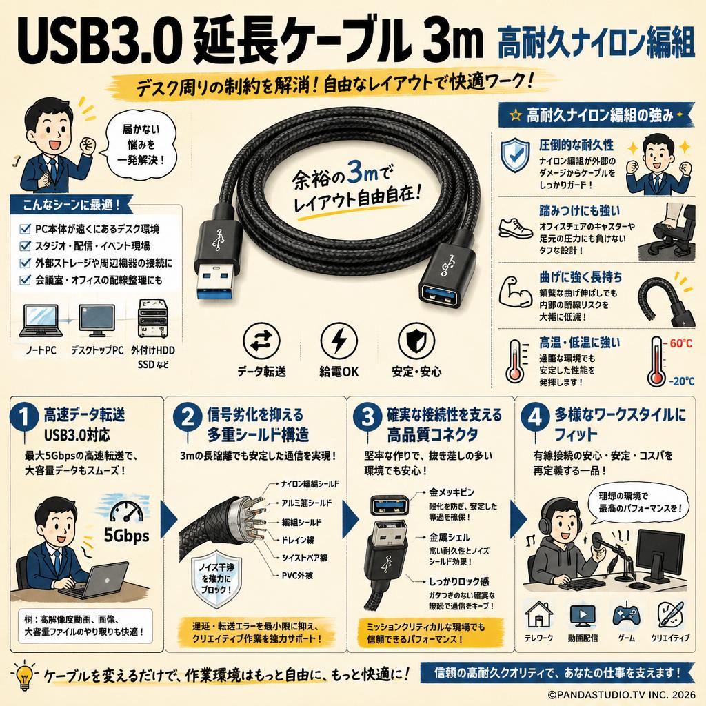 USB3.0 延長ケーブル 3m 高耐久ナイロン編組 概要