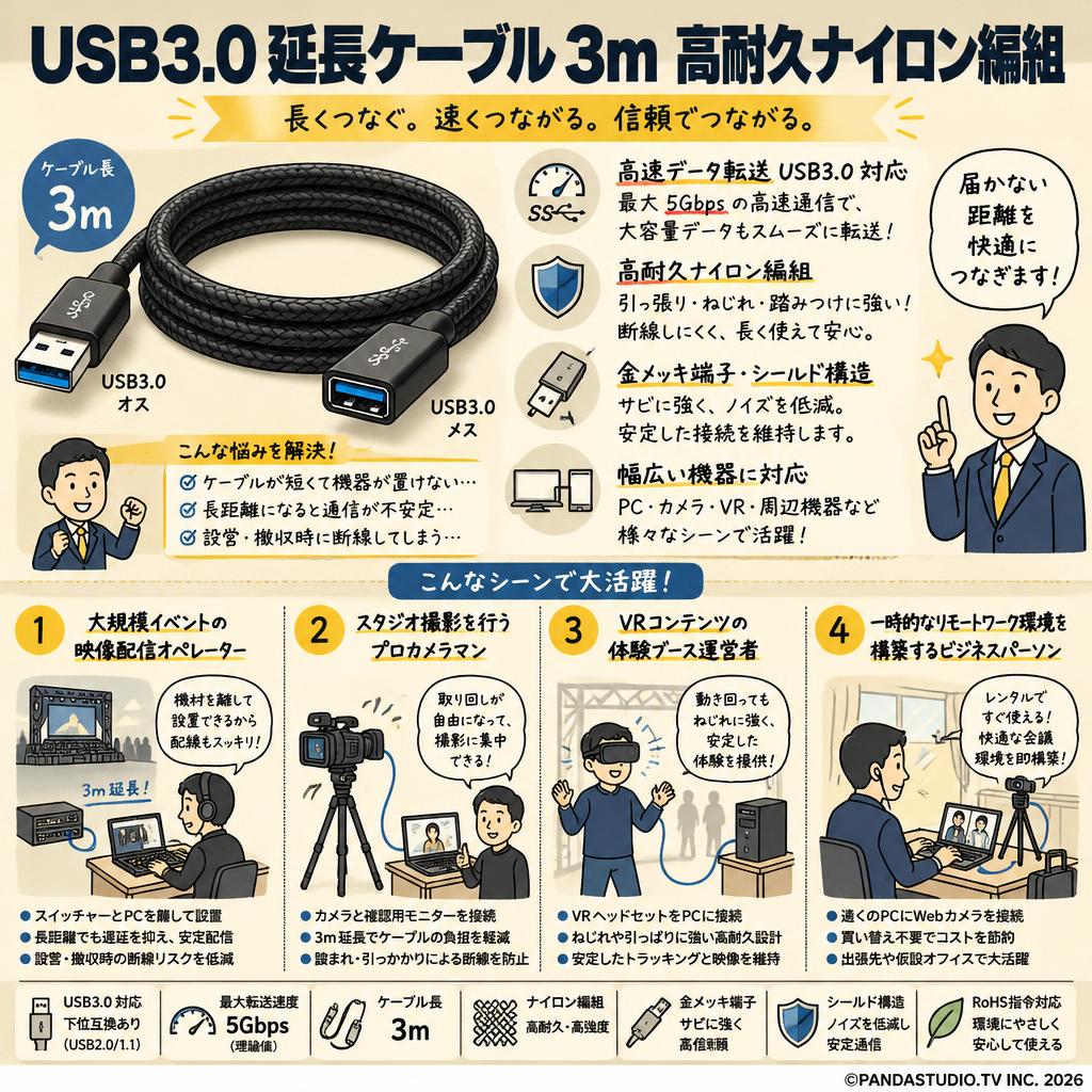 USB3.0 延長ケーブル 3m 高耐久ナイロン編組 おもな対象のお客様